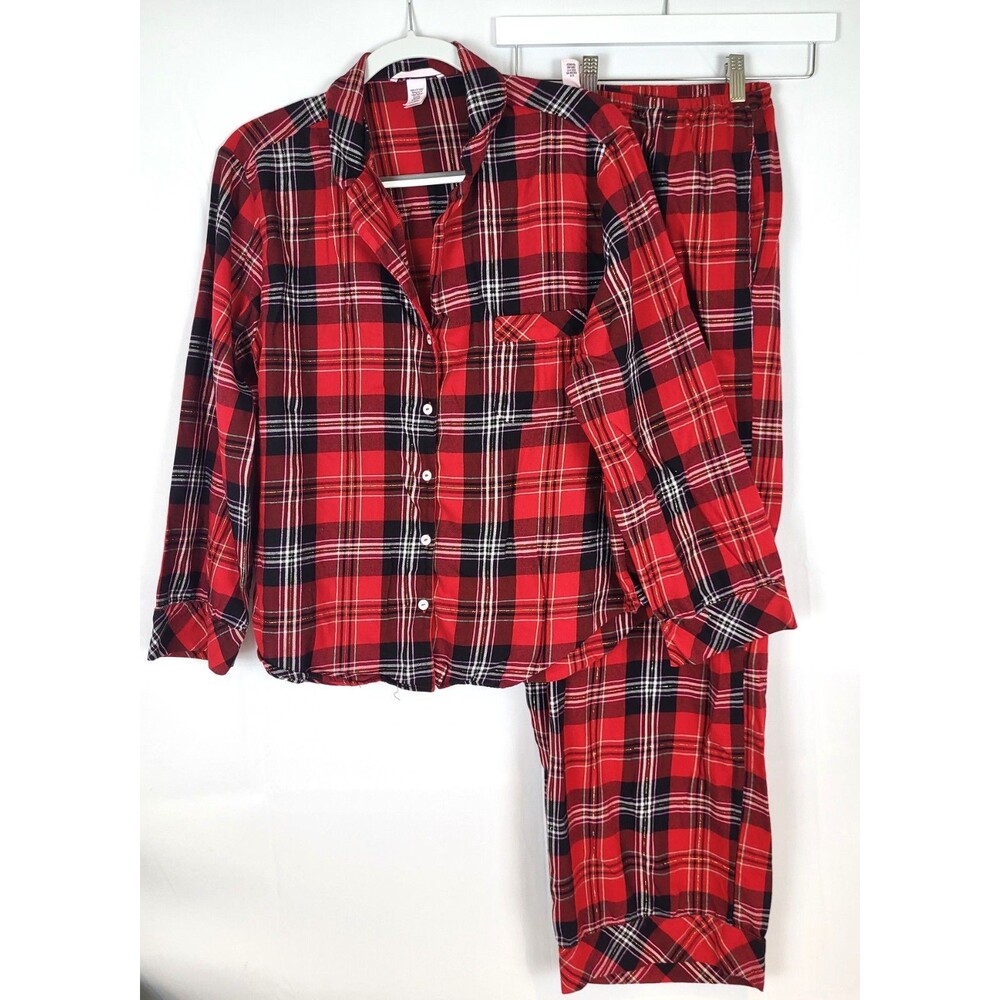 Victorias Secret Christmas Plaid Pajamas Set Size Large Button Up